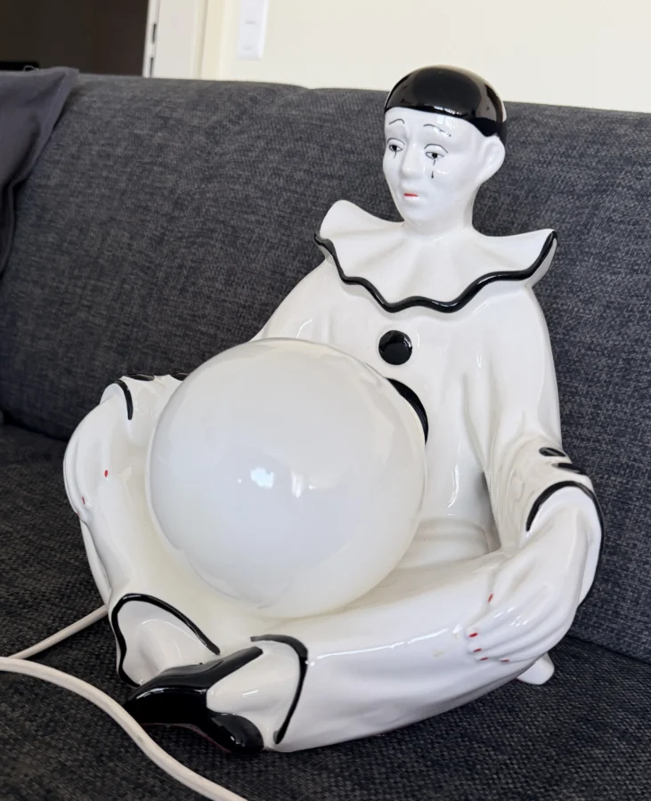 Vintage Pierrot Clown Tischlampe aus Keramik/Porzellan mit Glaskugel